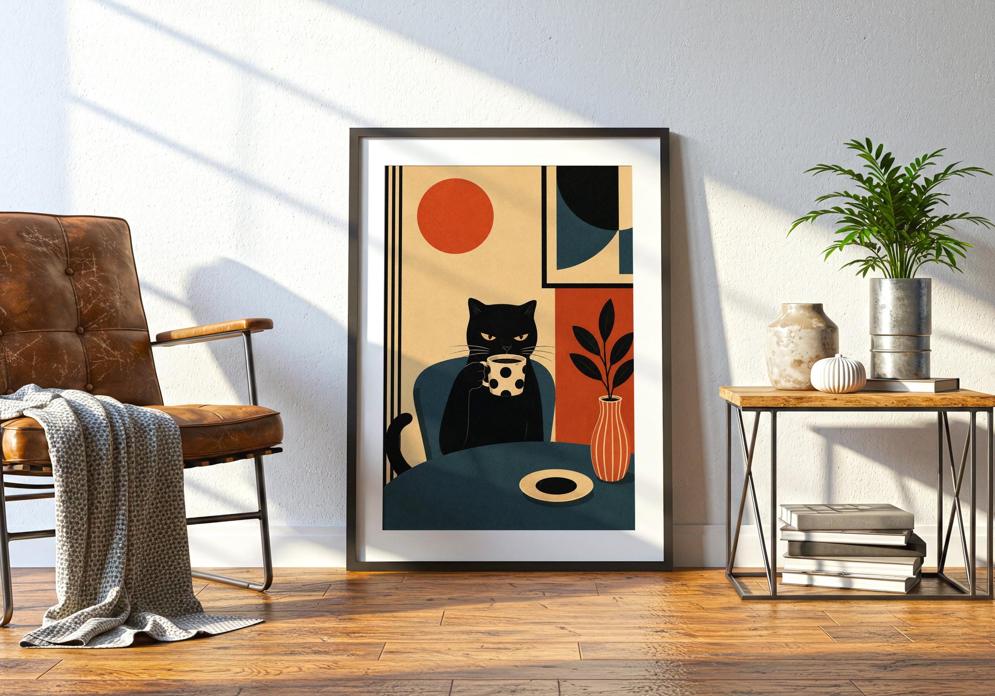 Graphic black cat poster perfect for modern living room and apartment decor.