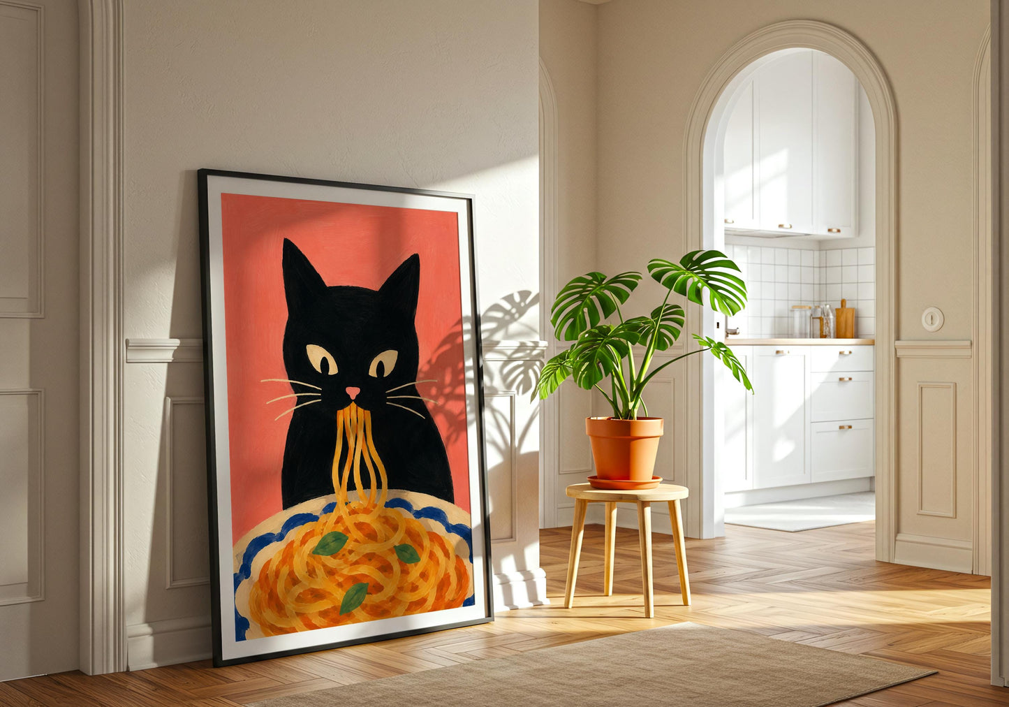 Food lover wall art showing a black cat eating spaghetti with vibrant colors.