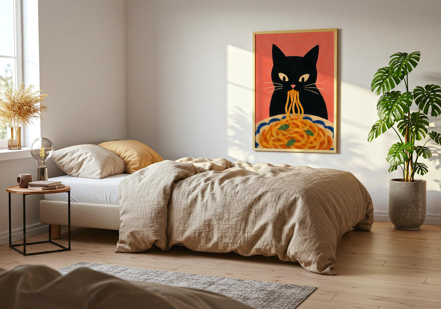 Kitchen poster featuring a playful cat and pasta for modern home decor.