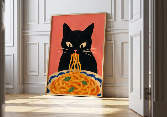 Black cat eating spaghetti in a colorful Italian kitchen art print with playful modern illustration.