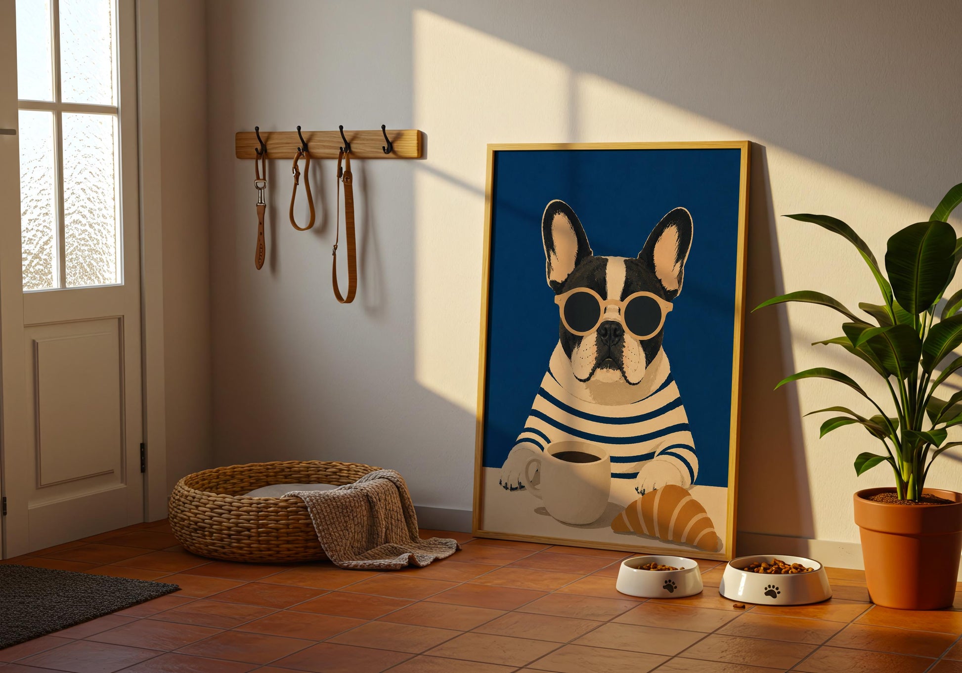 Coffee lover wall art featuring a fashionable French Bulldog illustration.