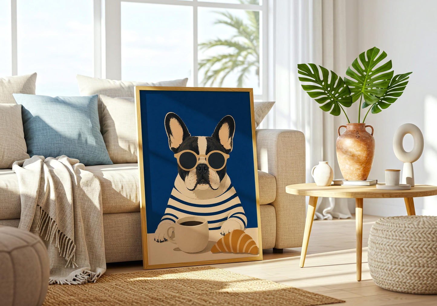Cute French Bulldog kitchen print with coffee mug and modern blue color palette.