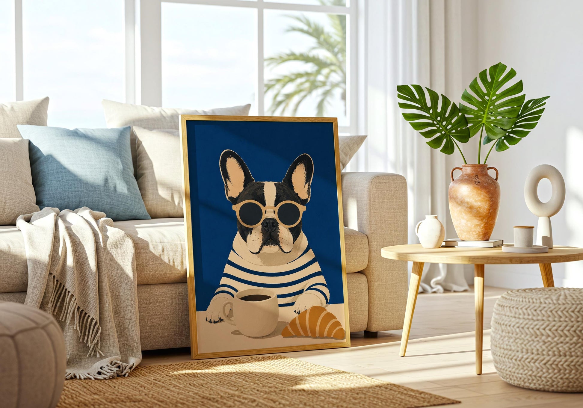 Cute French Bulldog kitchen print with coffee mug and modern blue color palette.