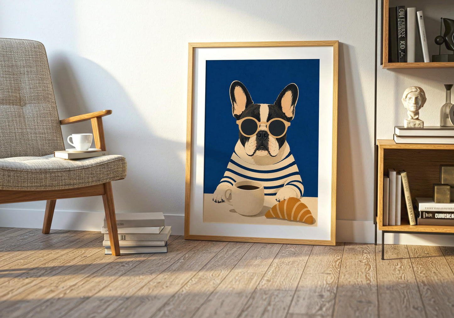 Contemporary dog illustration featuring a Frenchie enjoying coffee and breakfast.