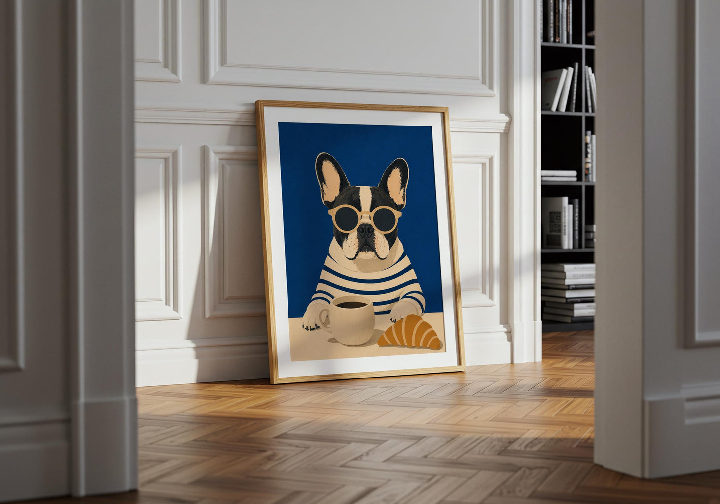 Blue Frenchie art print perfect for coffee bars, kitchens, and coastal interiors.