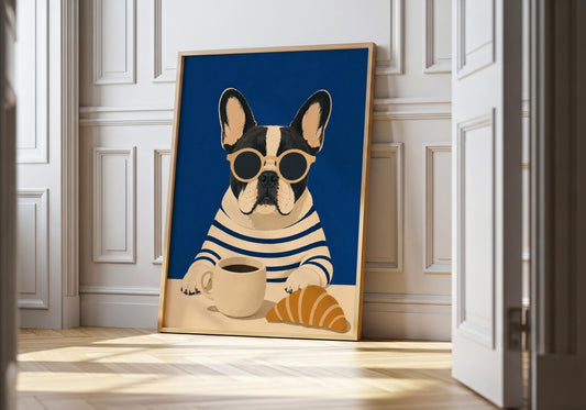 French Bulldog coffee print featuring a stylish dog wearing sunglasses with a coffee mug and croissant.