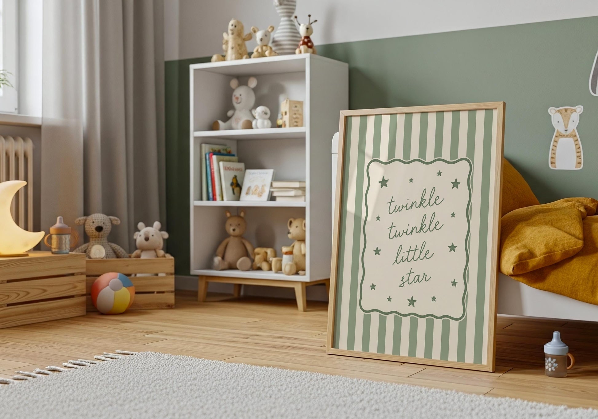 Modern baby room artwork with green stripes and whimsical star accents.