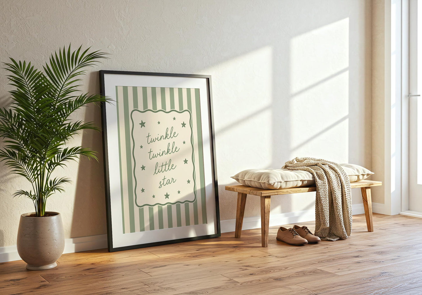 Soft green children's room print with elegant typography and star illustrations.