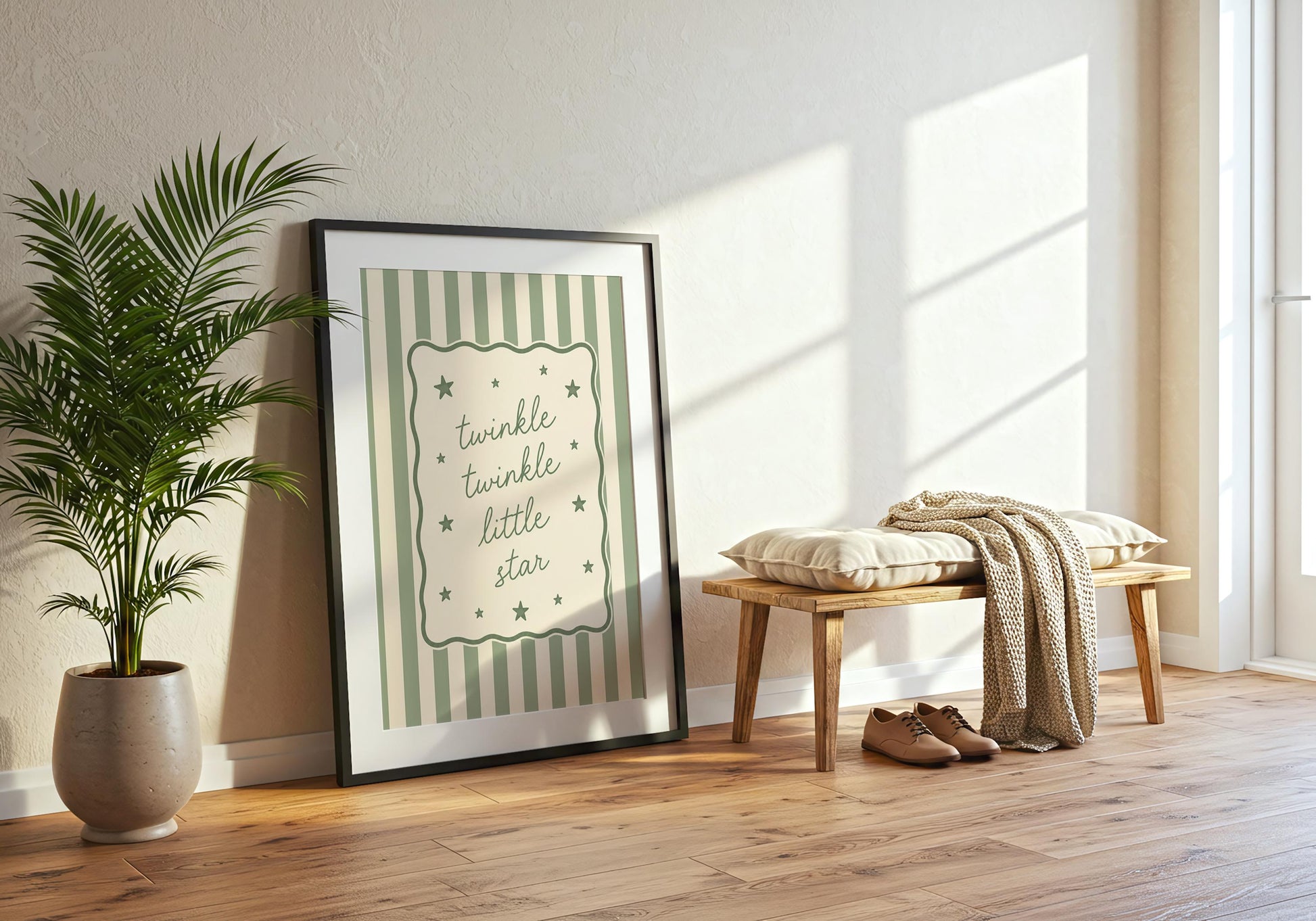 Soft green children's room print with elegant typography and star illustrations.