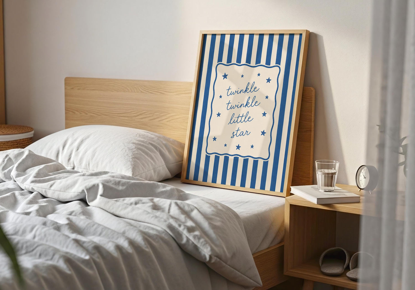 Cottagecore wall art featuring a classic lullaby quote in elegant blue lettering.