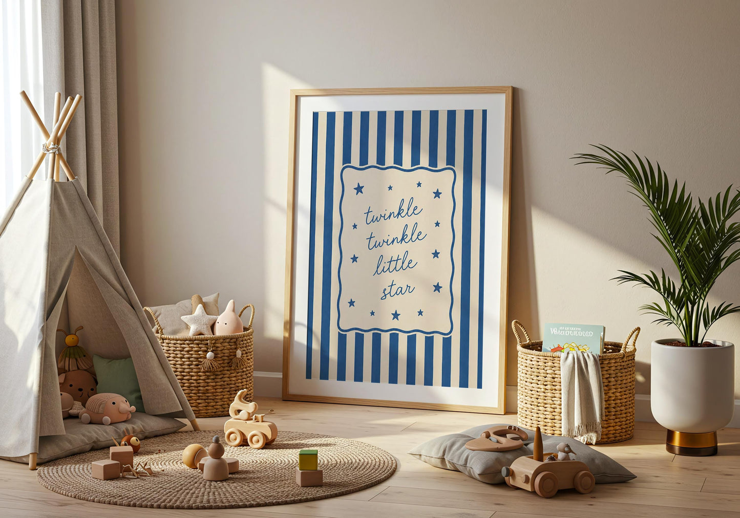 Vintage typography poster with blue stripes and star illustrations for bedroom decor.