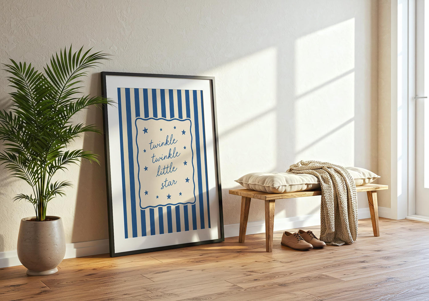 Minimalist blue quote wall art featuring the Twinkle Twinkle Little Star nursery rhyme.
