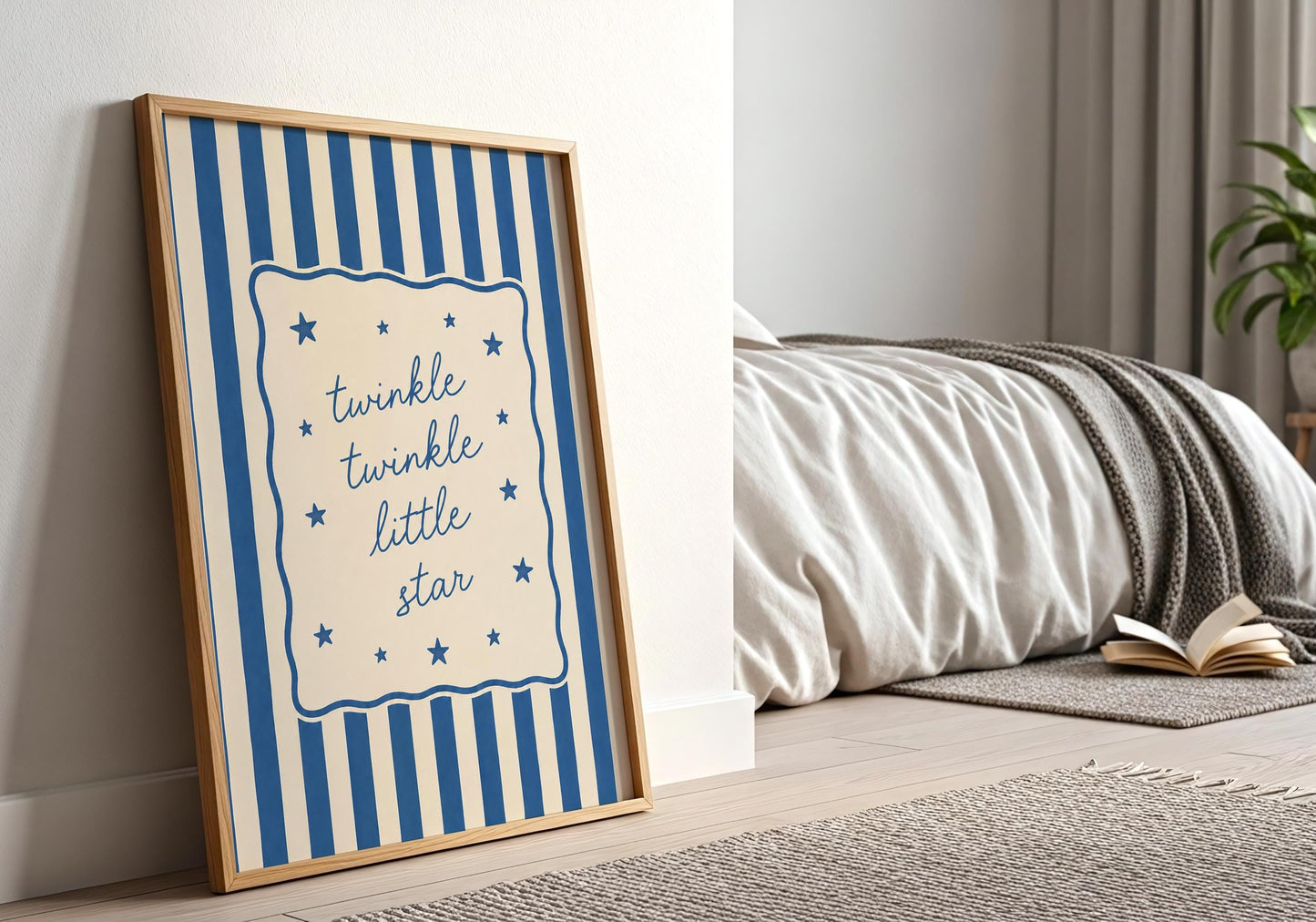 Blue striped wall print with decorative stars for nursery and guest room decor.
