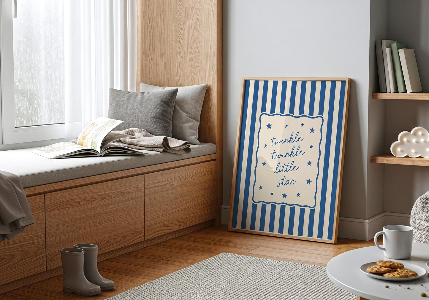 Minimalist quote print with blue striped background for gallery wall styling.