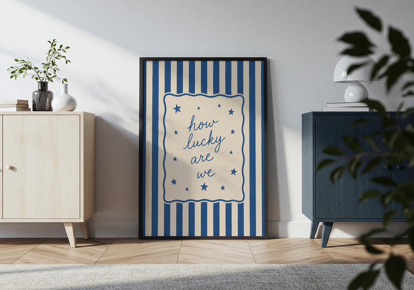 Minimalist blue wall decor with inspirational typography and classic striped design.