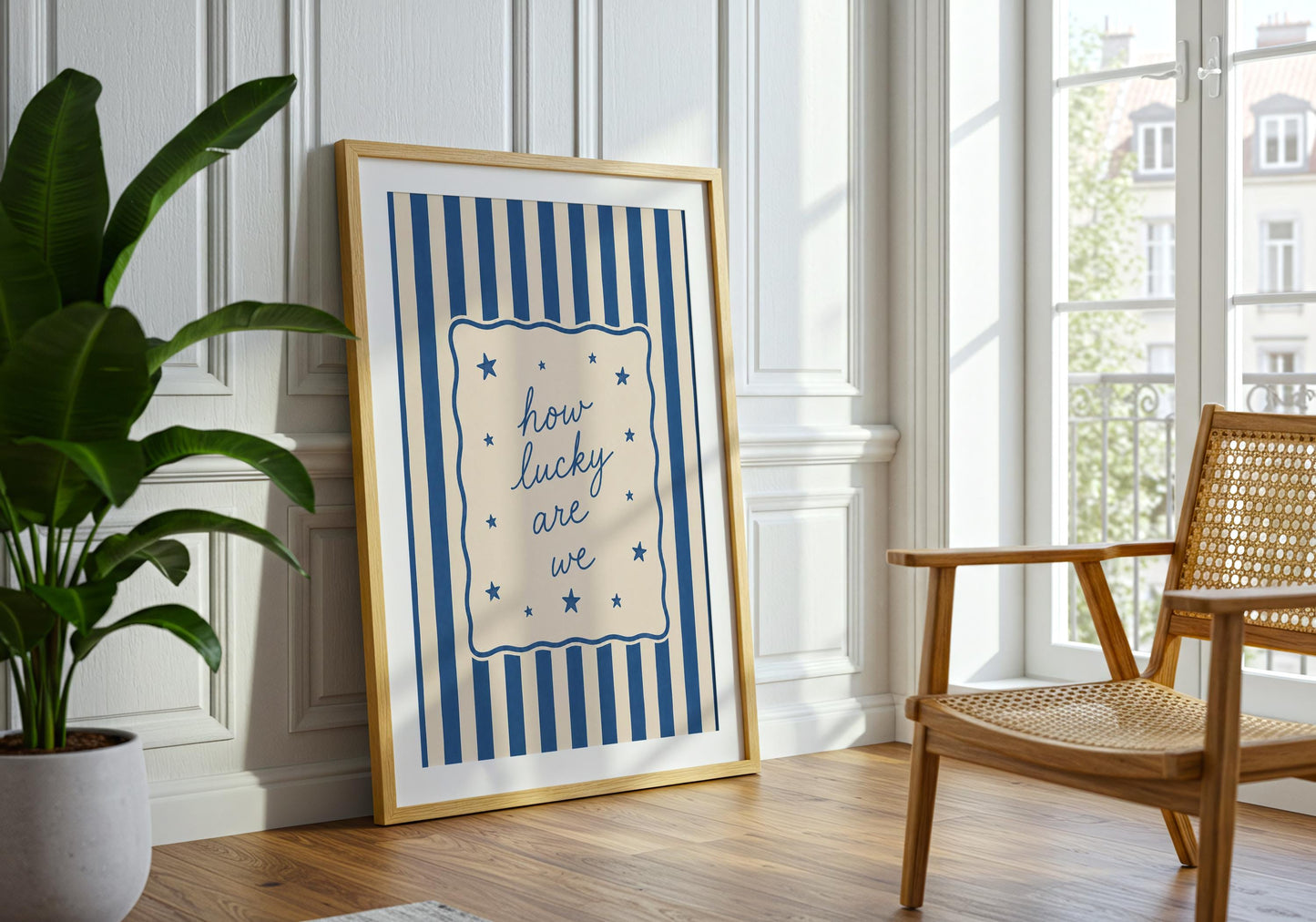 Modern farmhouse quote print with elegant lettering and blue stripe pattern.