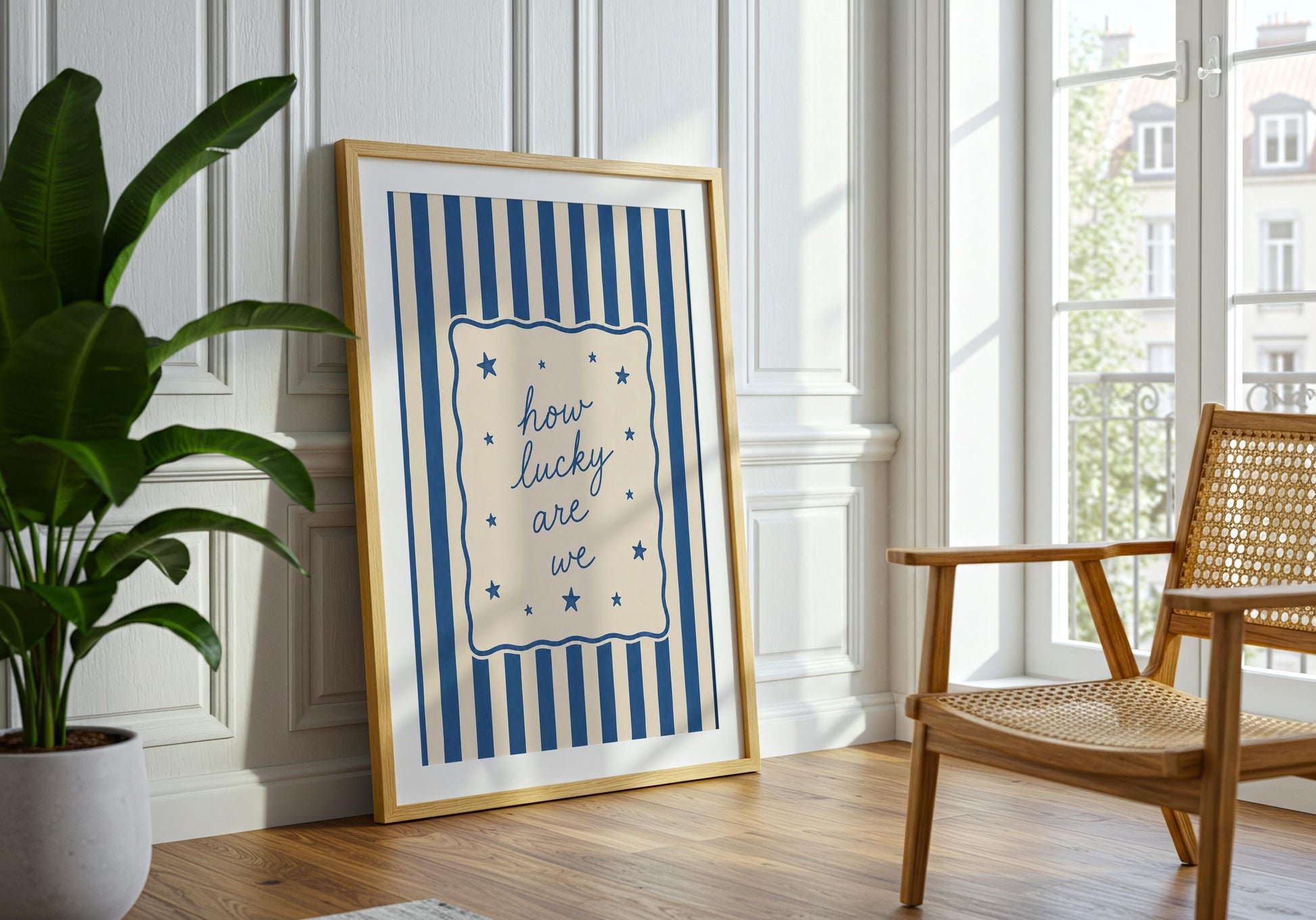 Modern farmhouse quote print with elegant lettering and blue stripe pattern.
