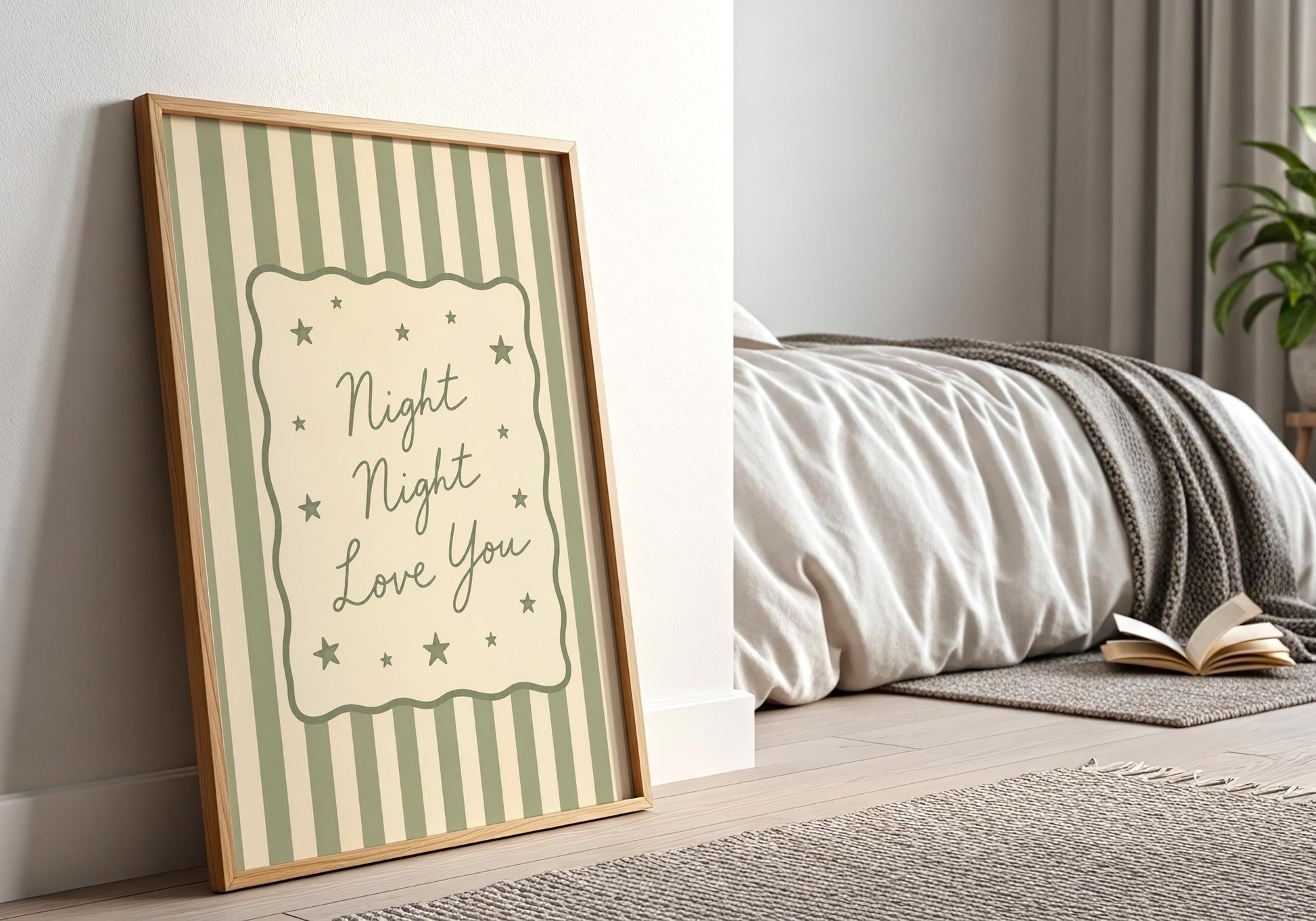 Sage nursery decor with Night Night Love You quote.