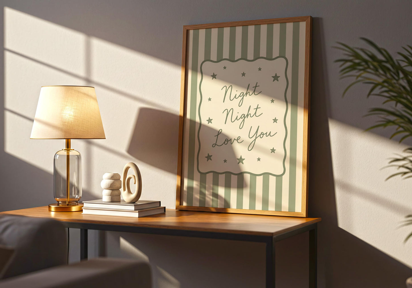 Baby room decor with bedtime quote and star illustrations.