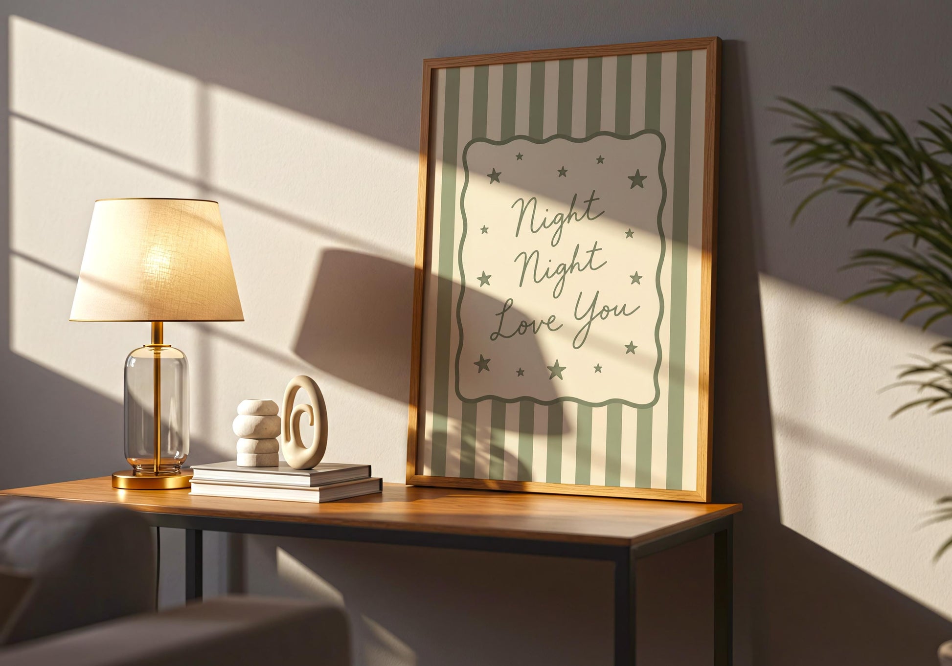 Baby room decor with bedtime quote and star illustrations.