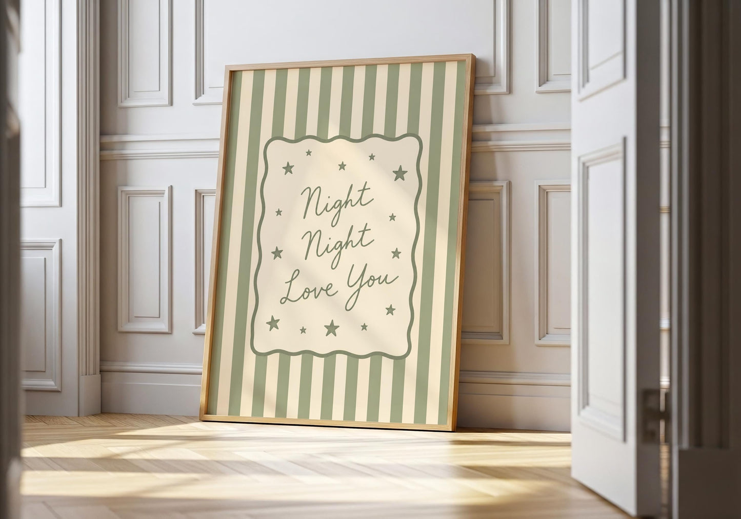 Sage green Night Night Love You nursery print with striped background and stars.