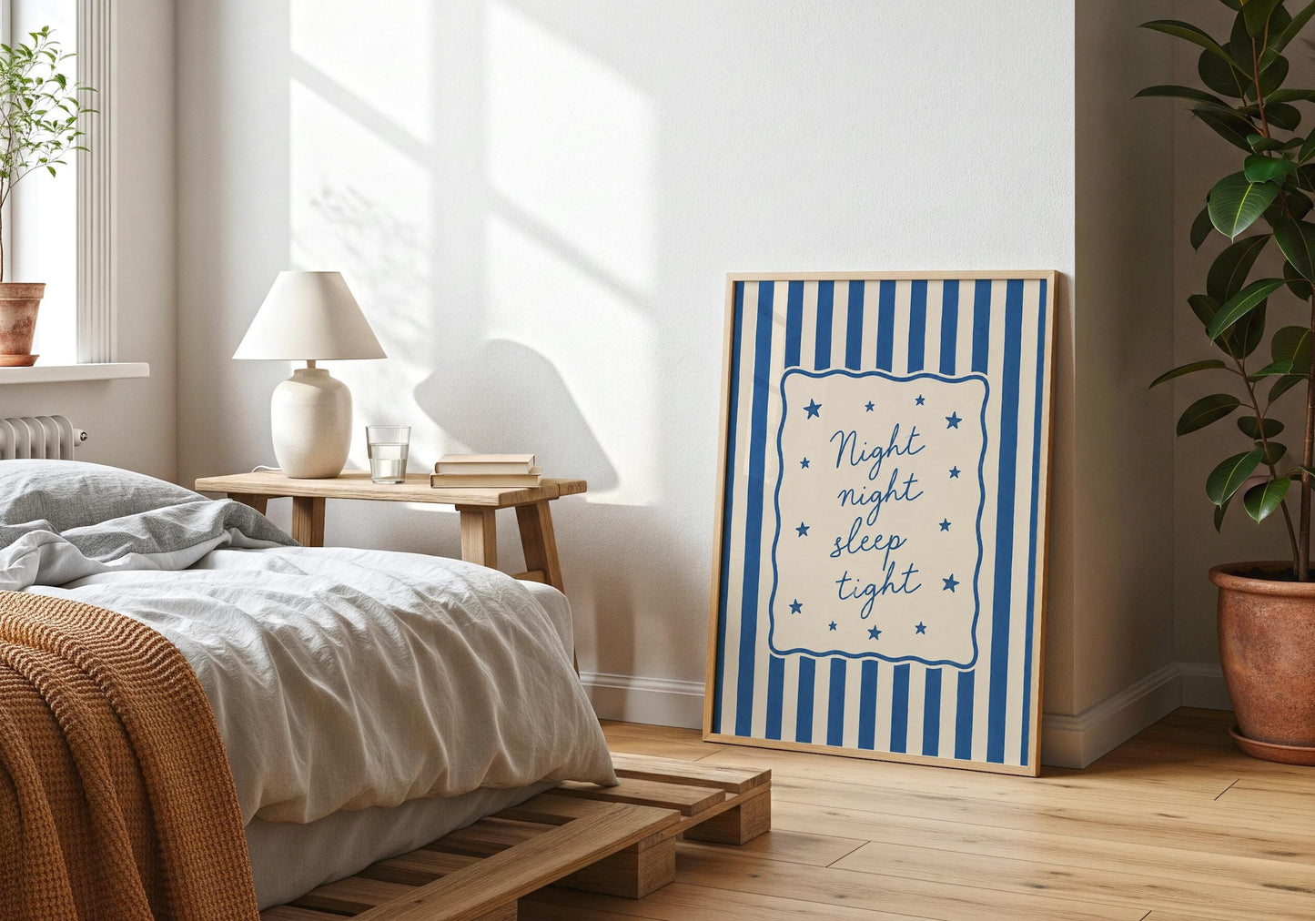Minimalist nursery artwork with calming bedtime typography.