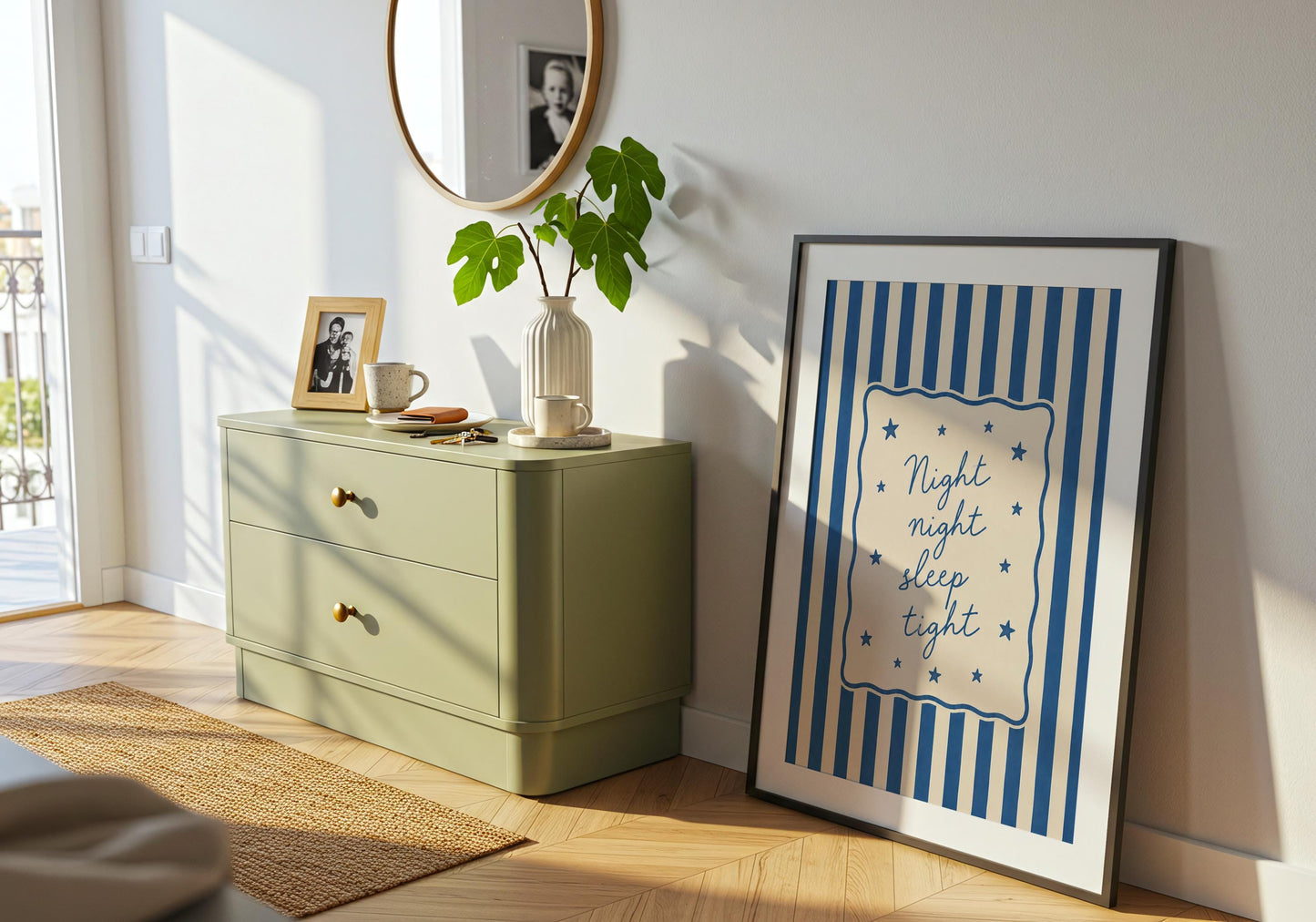 Blue striped nursery print for baby shower gifts.