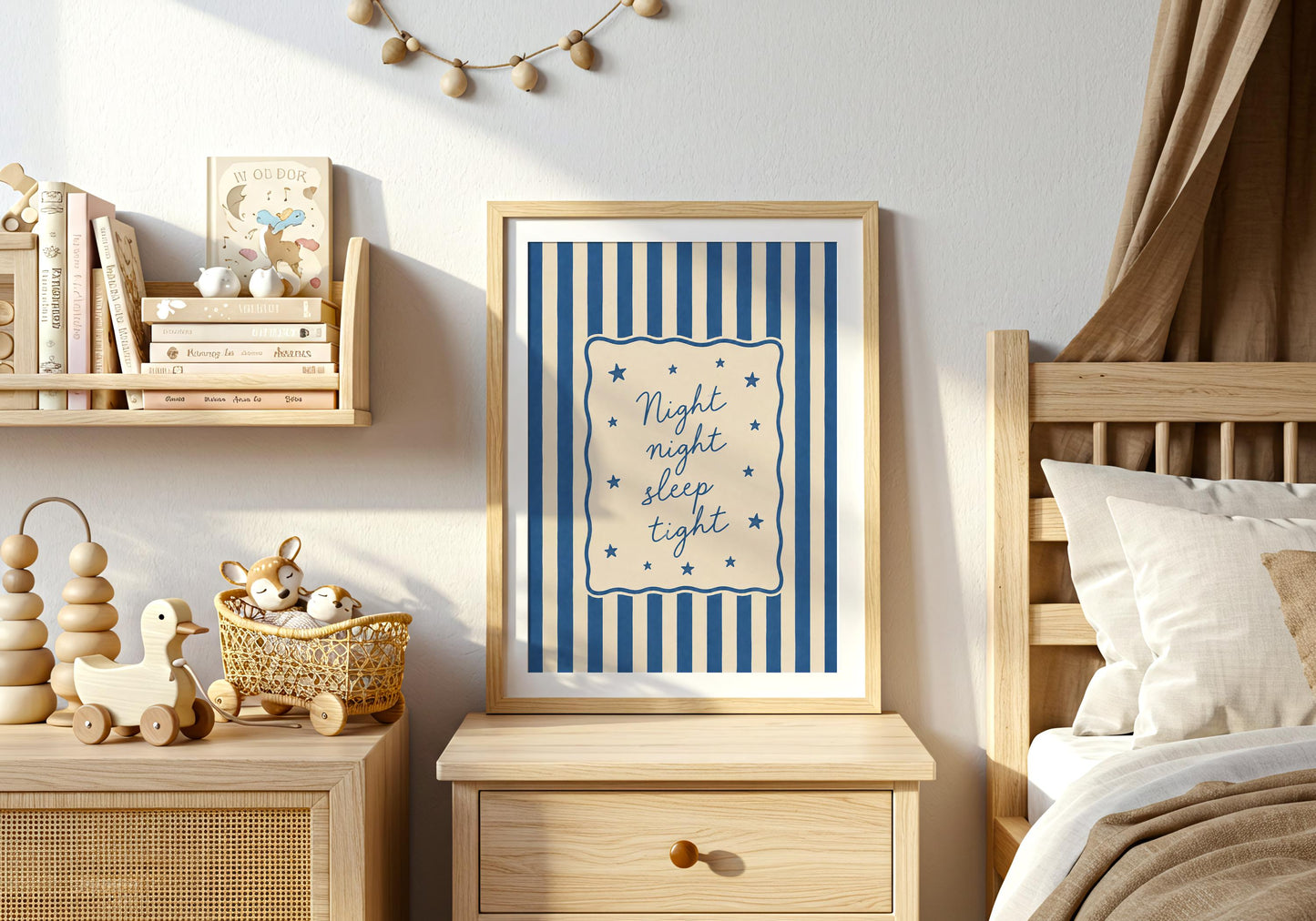 Modern baby room wall art with stars and bedtime quote.
