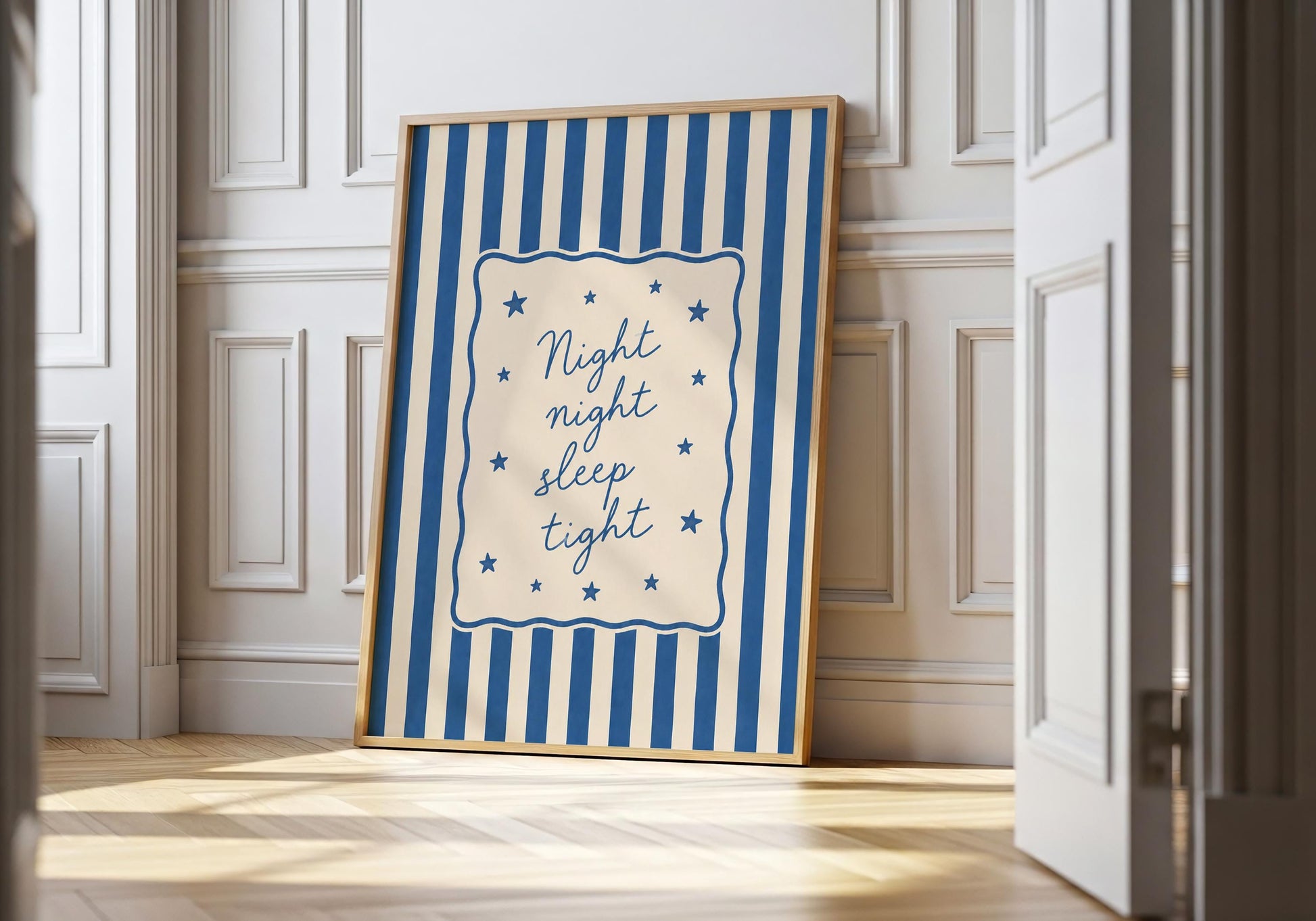Blue Night Night Sleep Tight nursery print with striped background and star illustrations.
