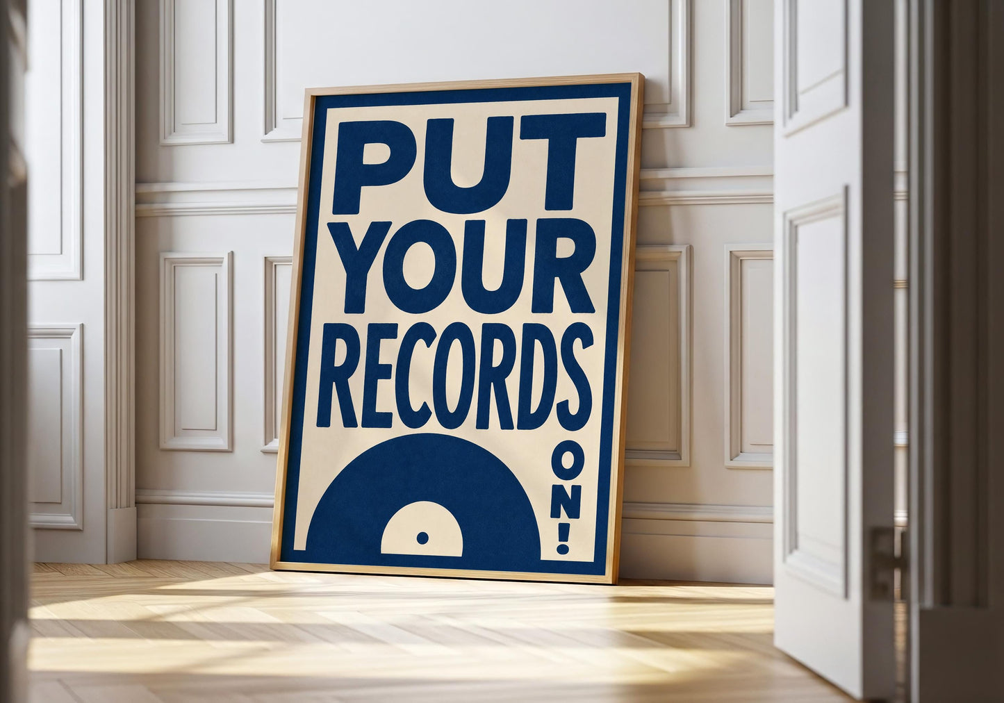 Put Your Records On typography print with bold blue lettering and vinyl record graphic.