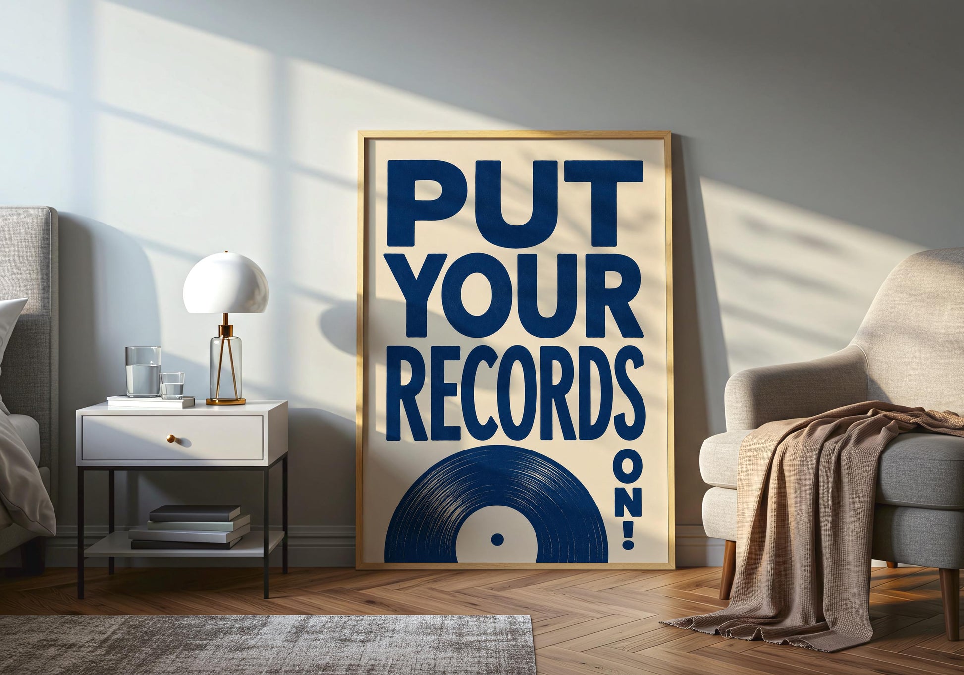 Record room decor featuring bold typography and retro styling.