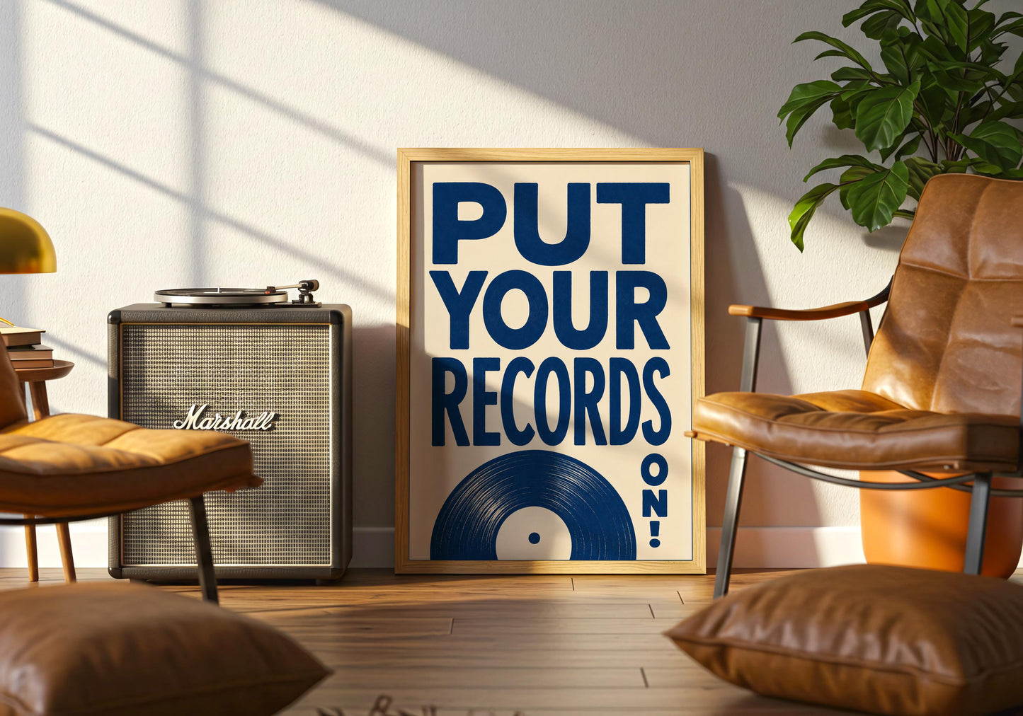 Home bar decor with retro music inspired typography artwork.