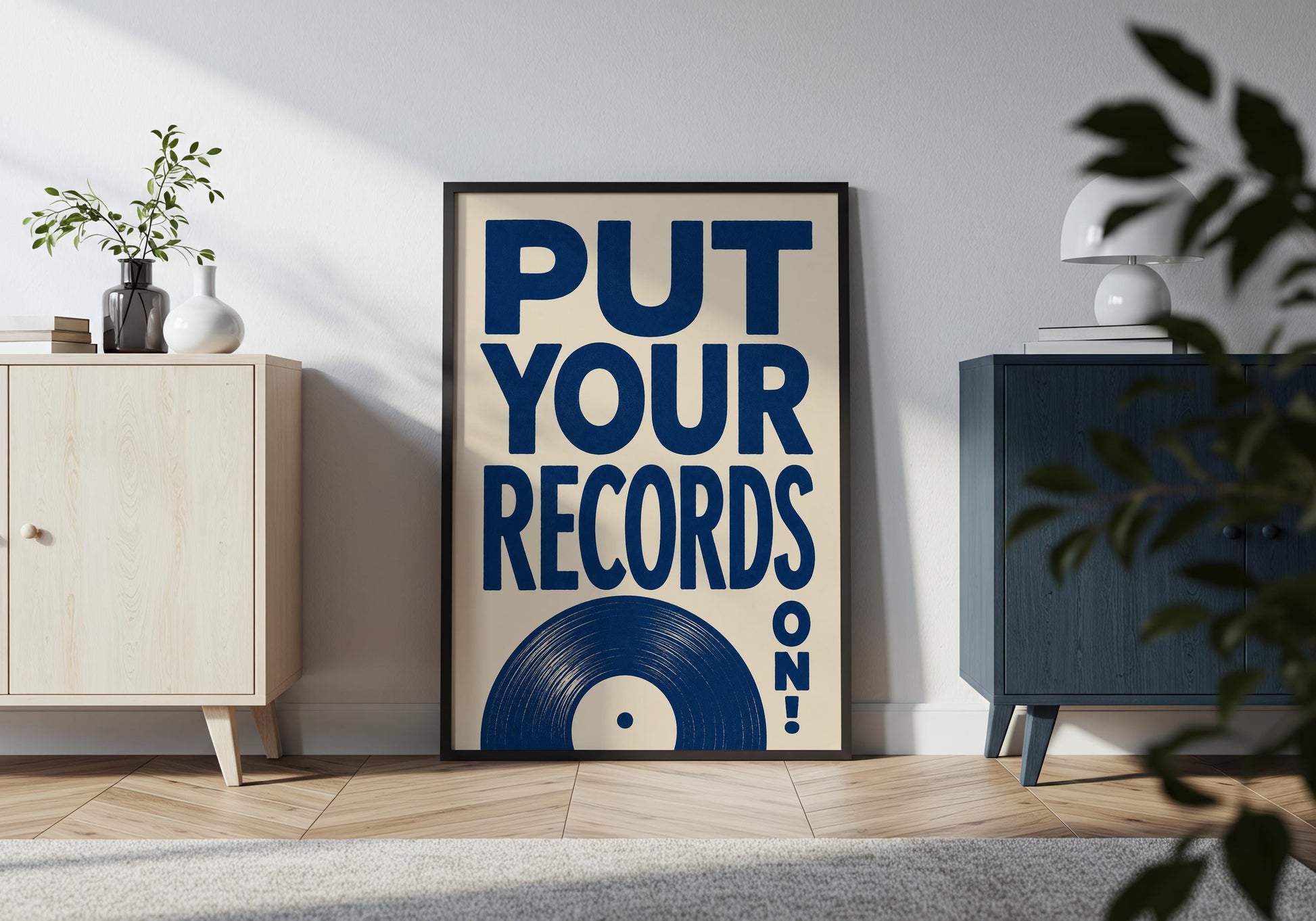 DJ room wall art with blue vinyl record illustration.