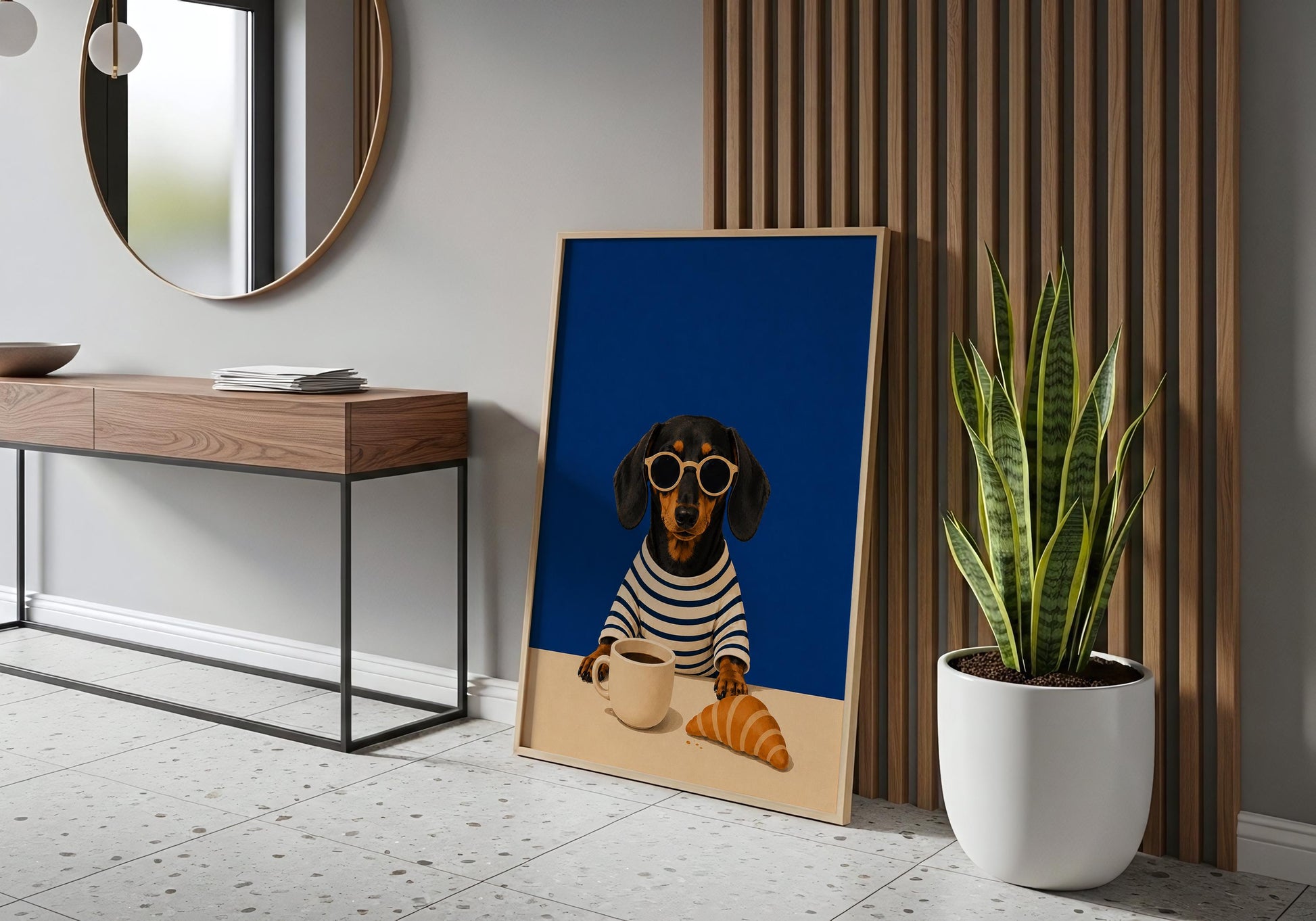 Wiener dog poster with striped shirt and breakfast coffee illustration.