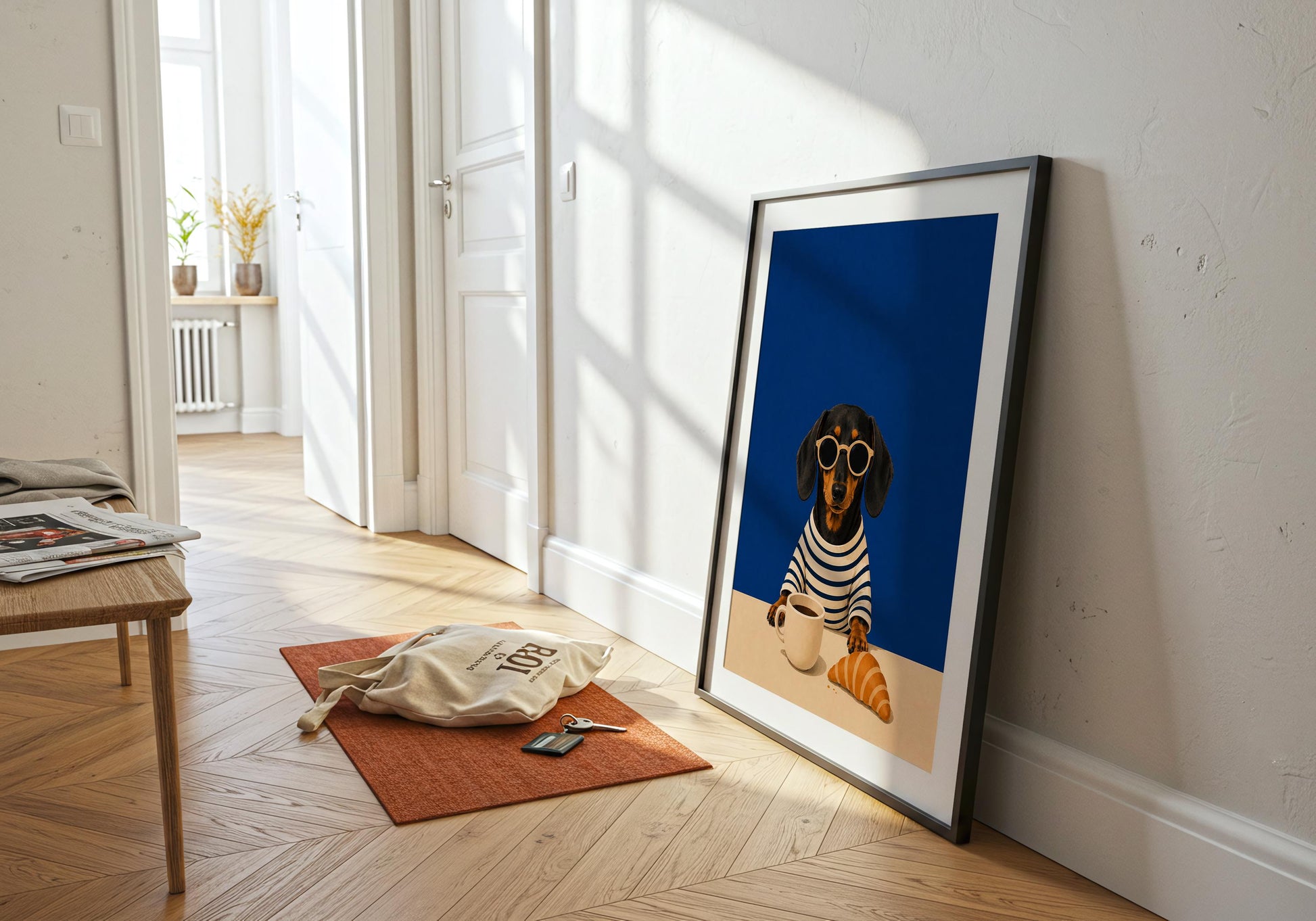 Dachshund illustration with bold blue background and café-inspired styling.