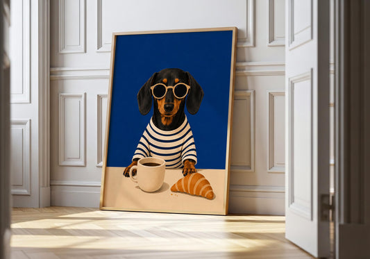 Dachshund coffee print featuring a stylish sausage dog wearing sunglasses with a coffee mug and croissant.