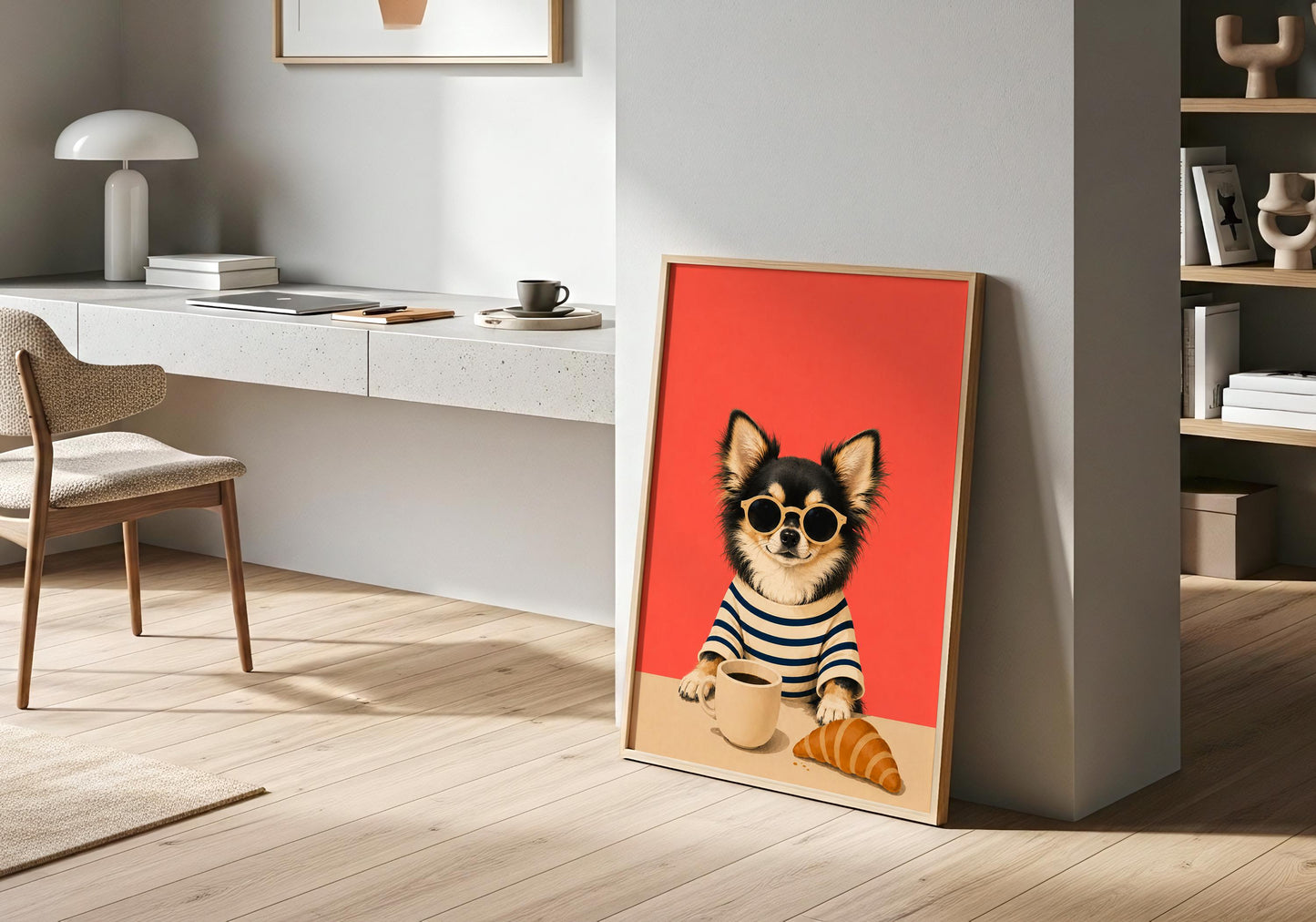 Modern Chihuahua kitchen print with vibrant coral background.