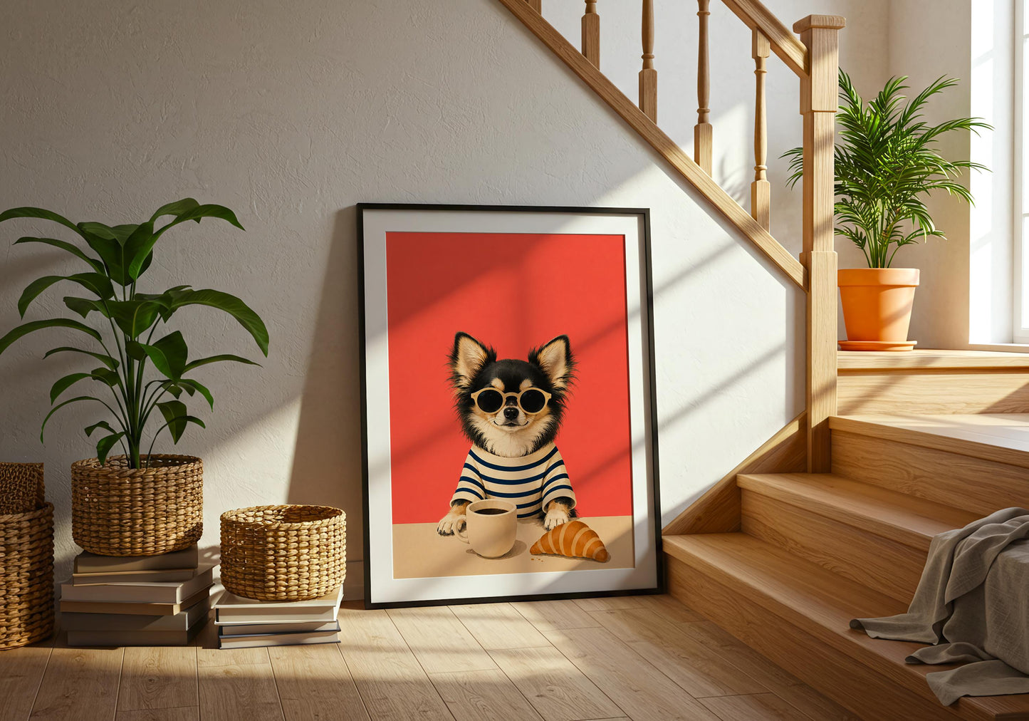 Dog lover wall art featuring a Chihuahua enjoying coffee.