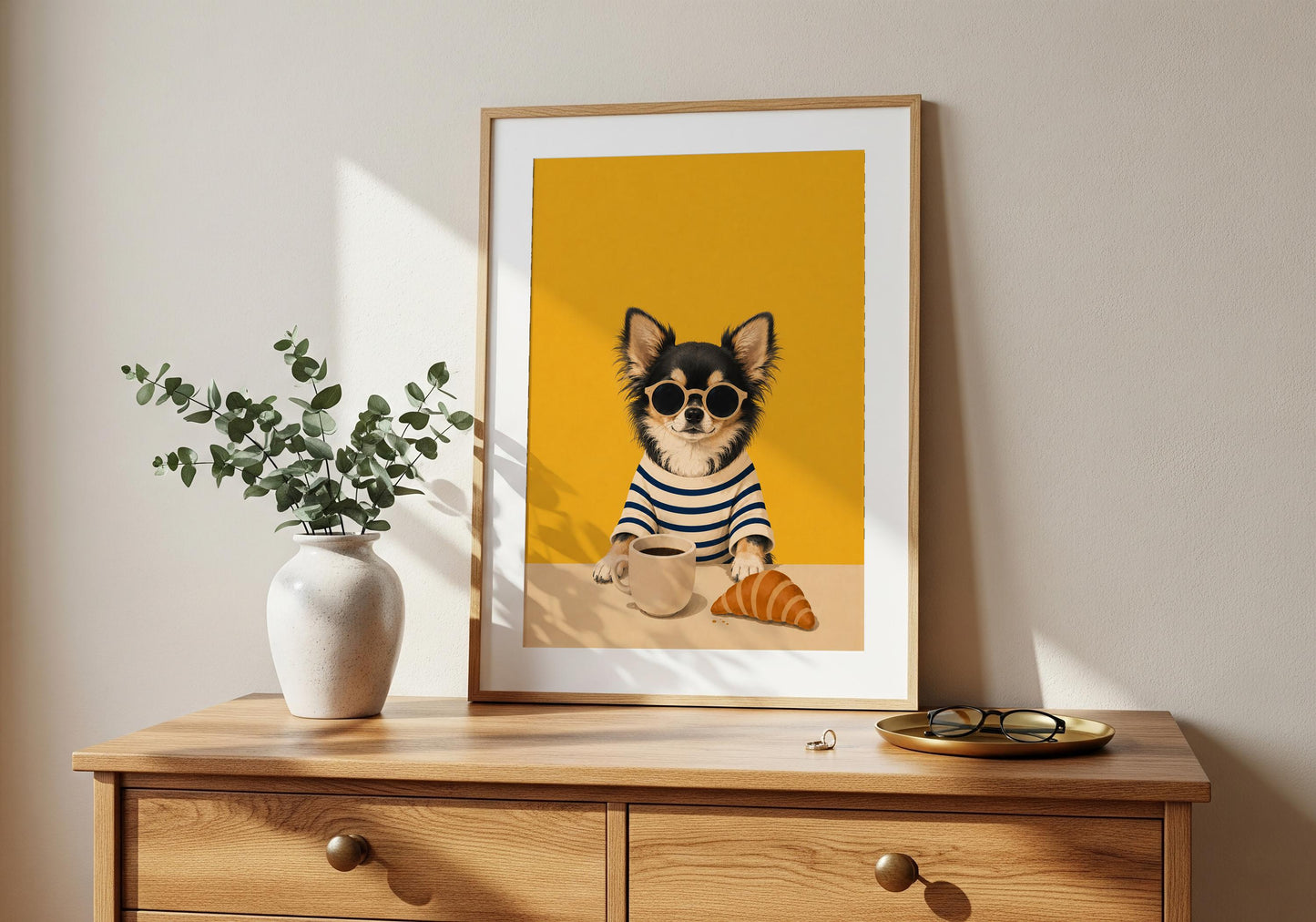 Minimalist pet illustration with mustard yellow background.