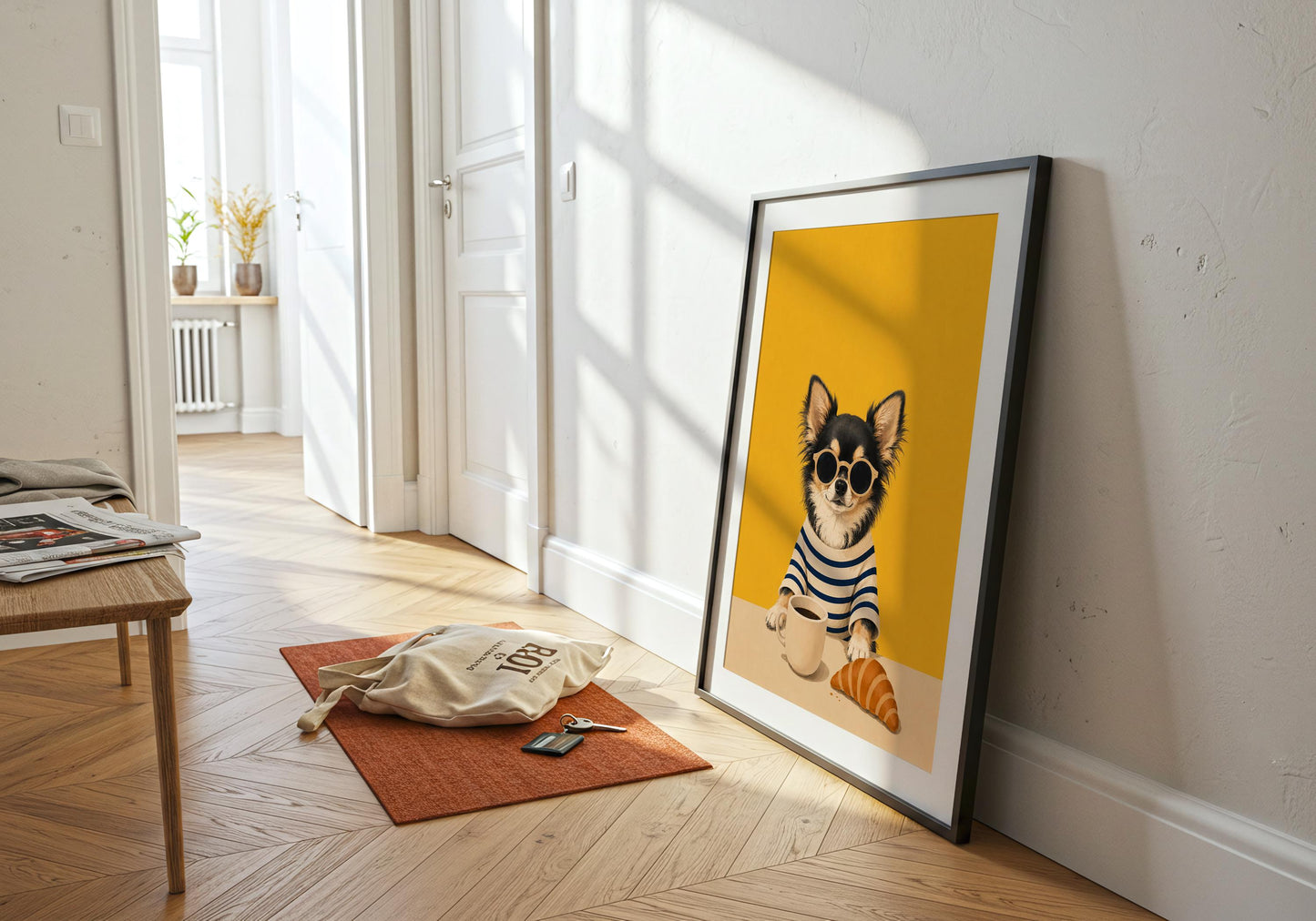 Modern dog illustration with striped shirt and coffee mug.
