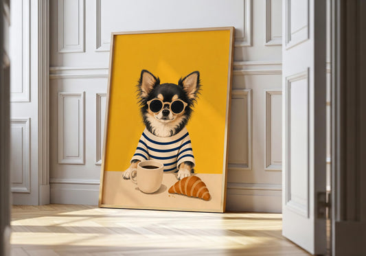 Modern Chihuahua wall art with yellow background and stylish sunglasses.