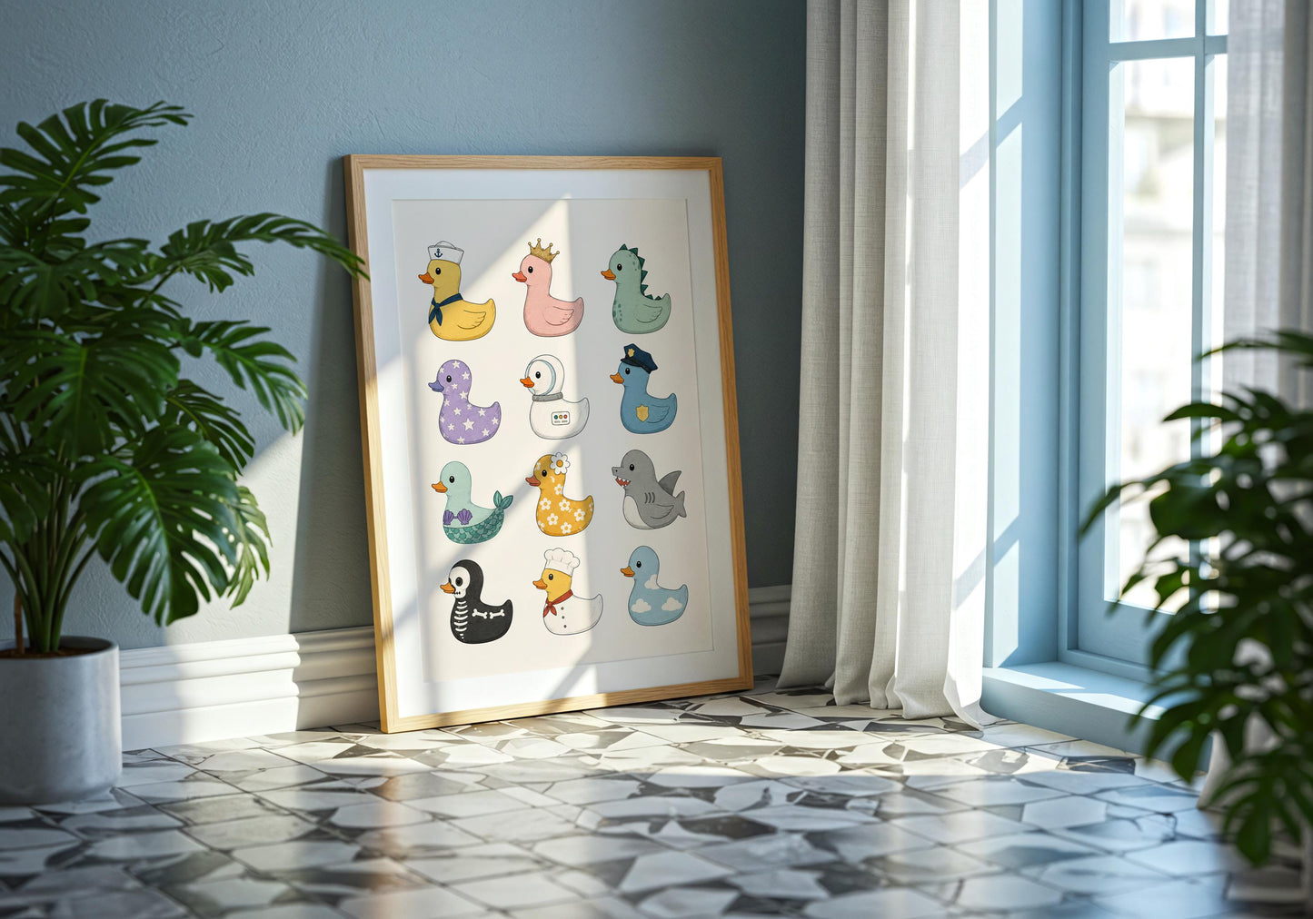 Funny duck poster with colourful character designs including a pirate, police officer, dinosaur, and shark duck.