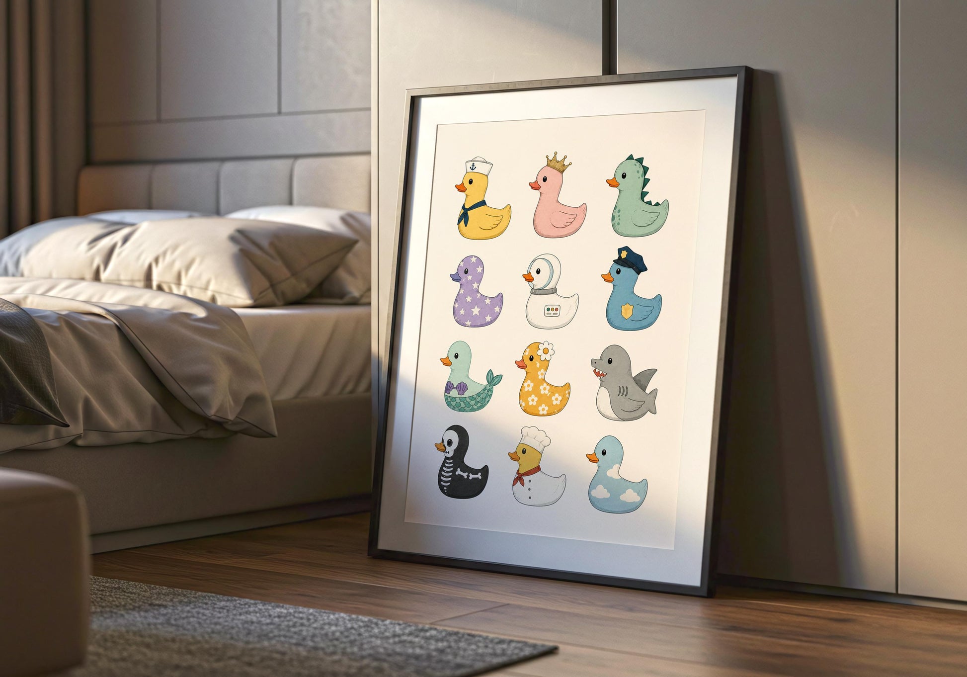 Cute duck wall art showcasing playful cartoon ducks in fun costumes for eclectic interiors.