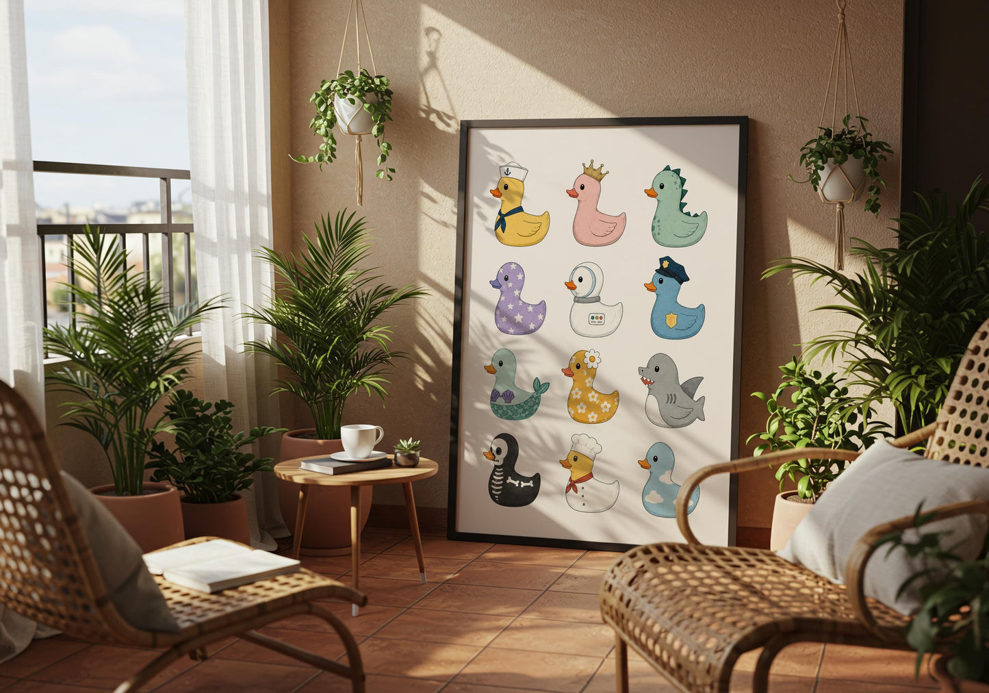 Cute animal wall art with twelve illustrated ducks designed to brighten bathrooms and modern living spaces.