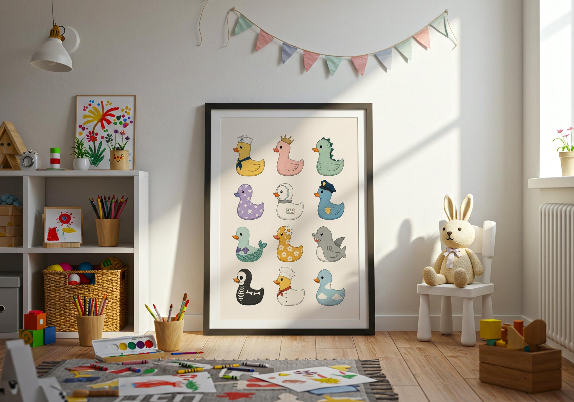Novelty duck wall décor with colourful cartoon ducks creating a fun and cheerful statement piece.