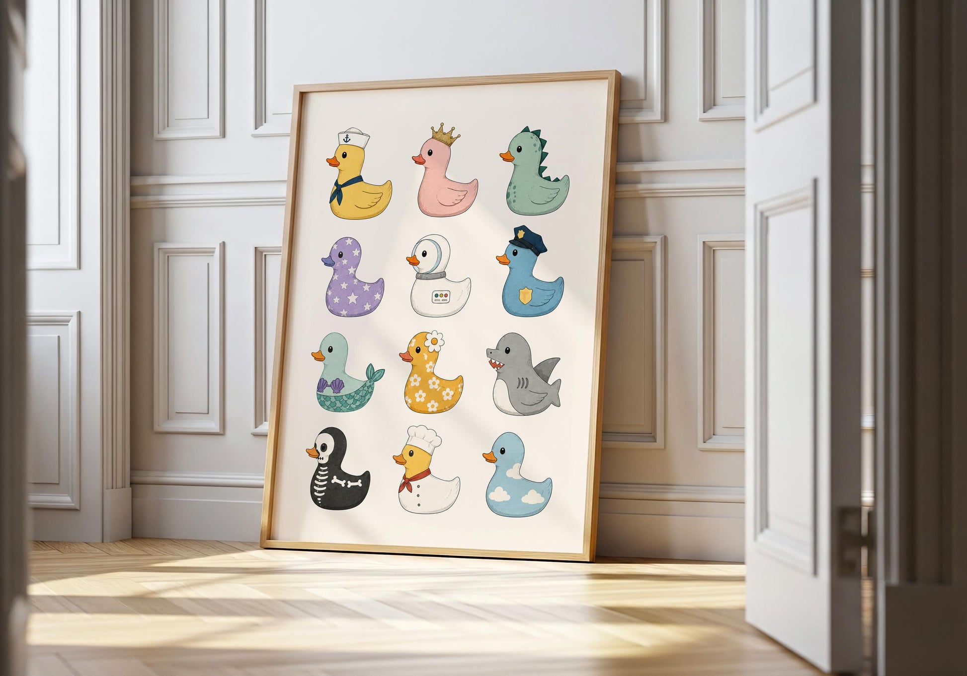 Funny rubber duck wall art featuring twelve quirky duck characters dressed as a chef, astronaut, mermaid, princess, and more.