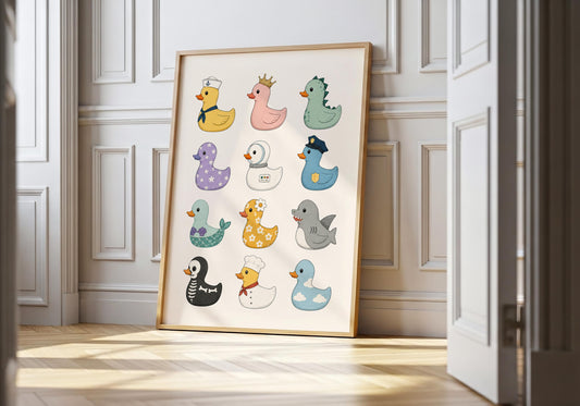 Funny rubber duck wall art featuring twelve quirky duck characters dressed as a chef, astronaut, mermaid, princess, and more.
