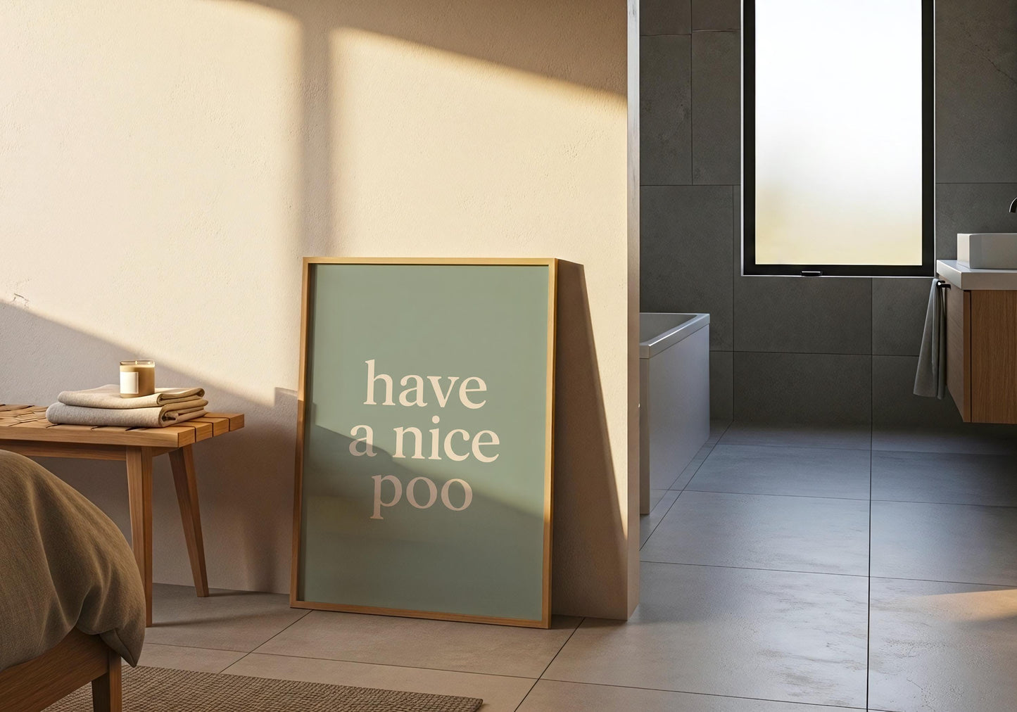 Modern powder room artwork with a funny bathroom message and neutral colour palette.