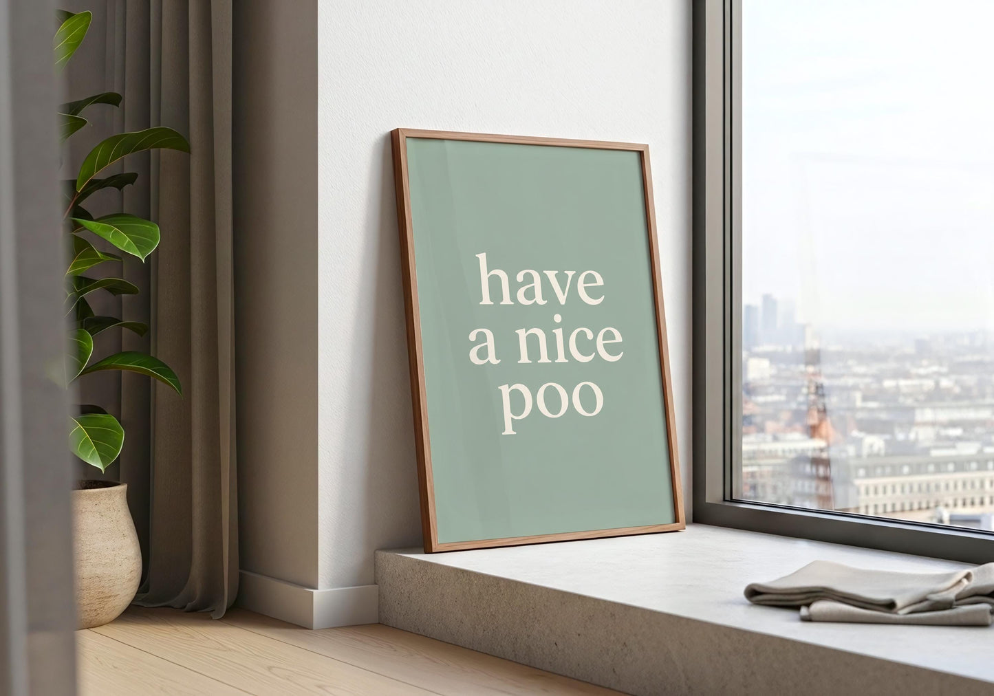 Modern bathroom poster with funny toilet humour and clean minimalist design.
