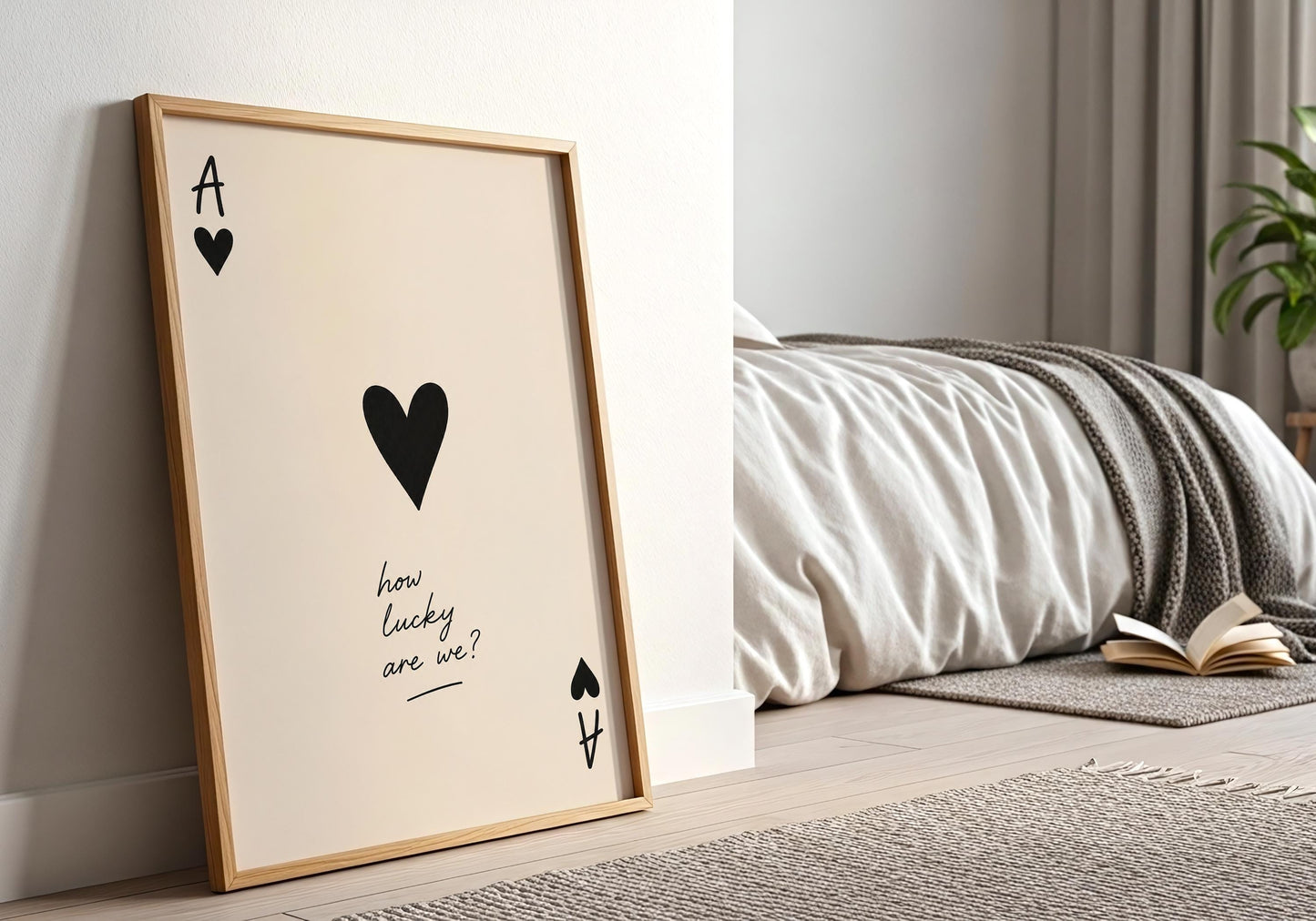 Minimalist Ace of Hearts bedroom decor with love quote.